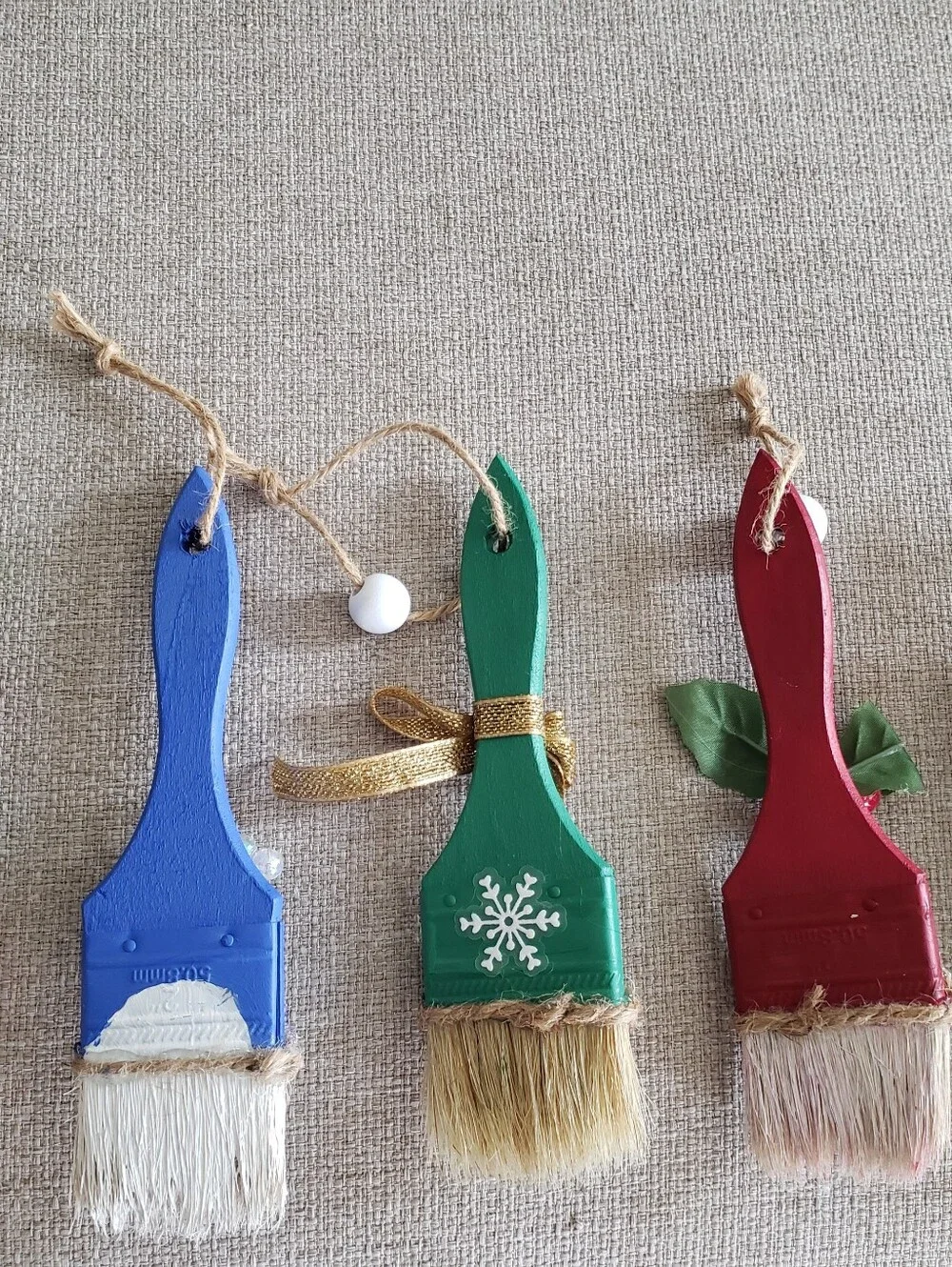 Santa's Little Helpers Painted Paintbrush Ornaments - Blue, Green, Red